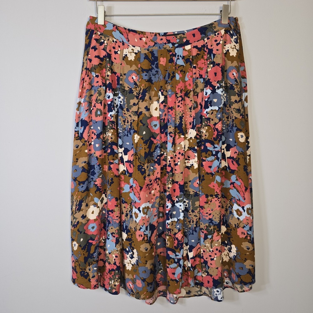 Talbots Womens Size 12 Floral Faux Wrap Pleated Midi Skirt Pockets Multi-Color